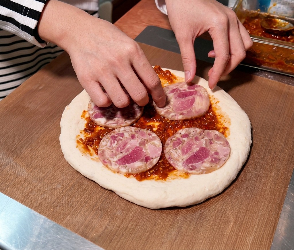 Hands placing round slices of smoked ham onto a pizza base that has been covered with meat sauce.