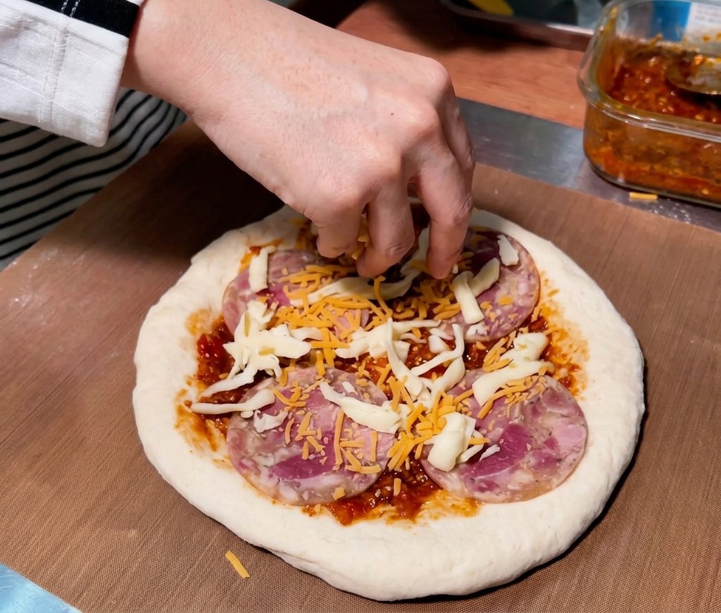 A mix of orange and white shredded cheese being sprinkled over ham slices on a raw pizza.