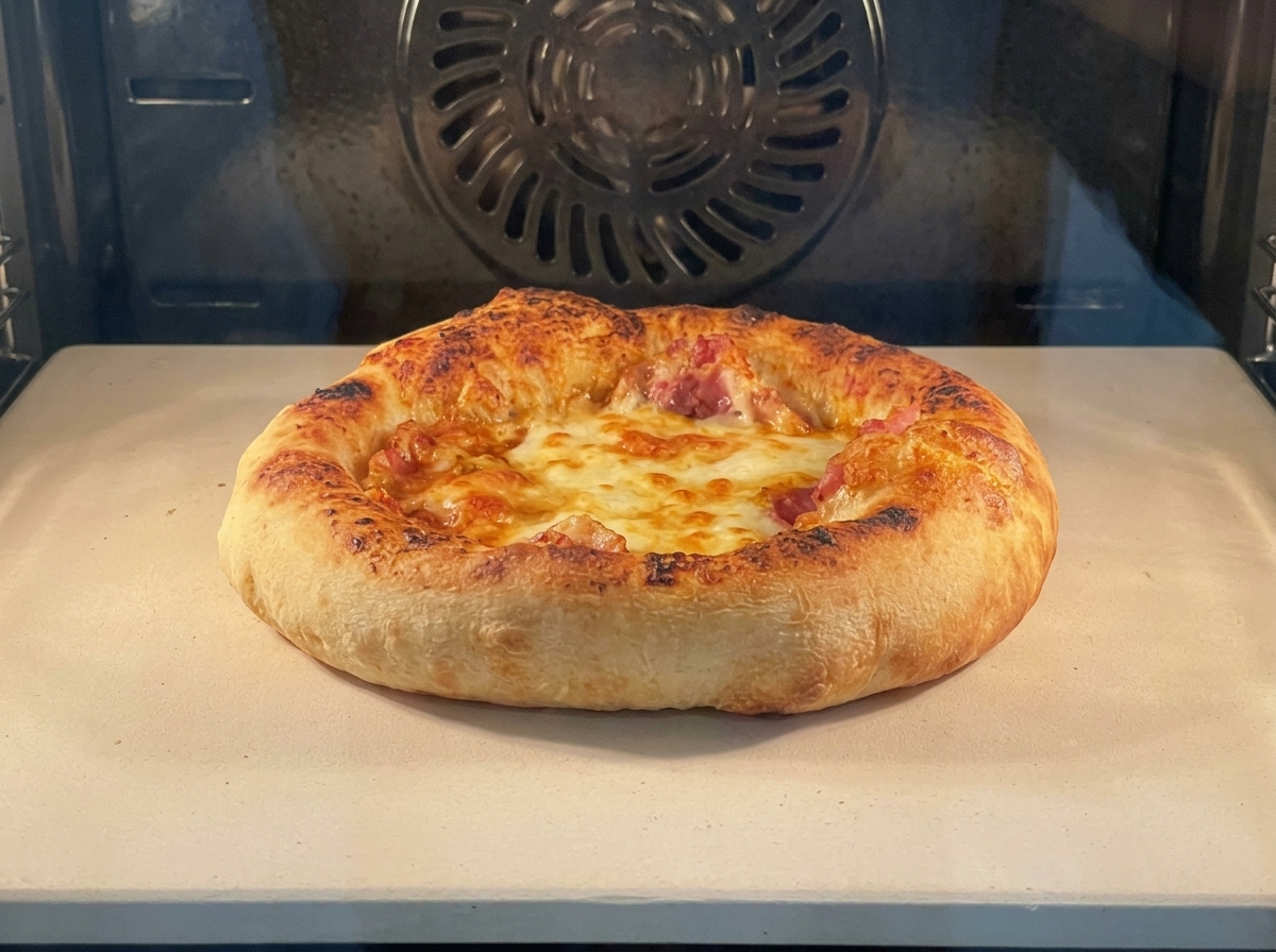 A close-up view of a pizza baking inside an oven on a pizza stone, showing a thick, airy crust with golden-brown spots and melted bubbling cheese.