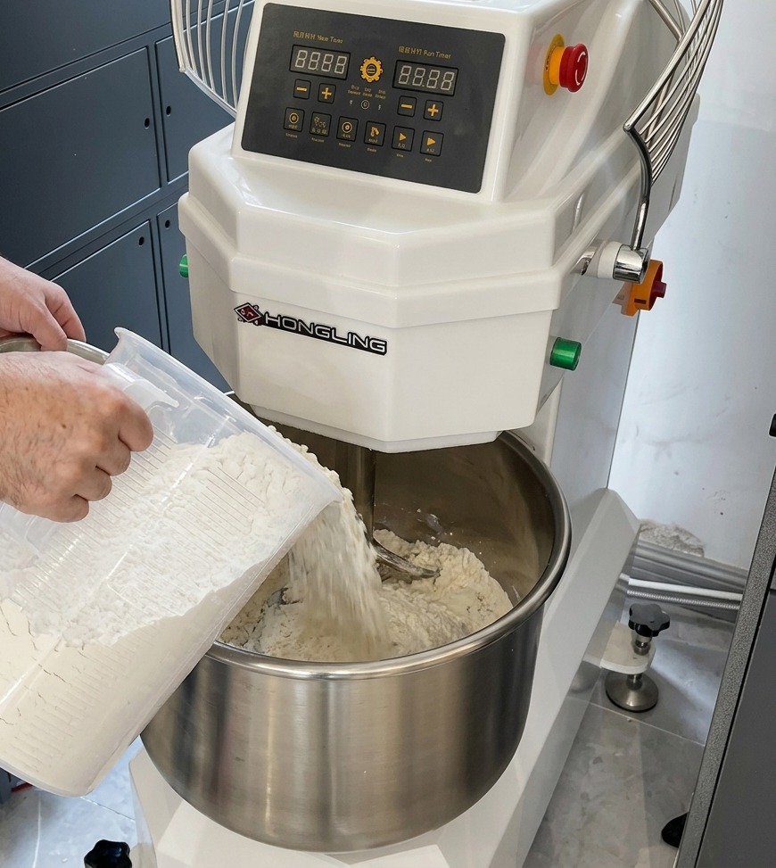 A baker pouring white flour and crumbled fresh yeast from a clear container into a professional spiral mixer bowl.