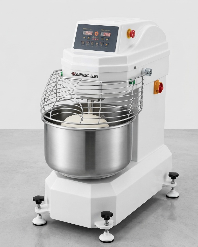 A professional white spiral mixer with a stainless steel bowl as water is poured over pizza flour and yeast.