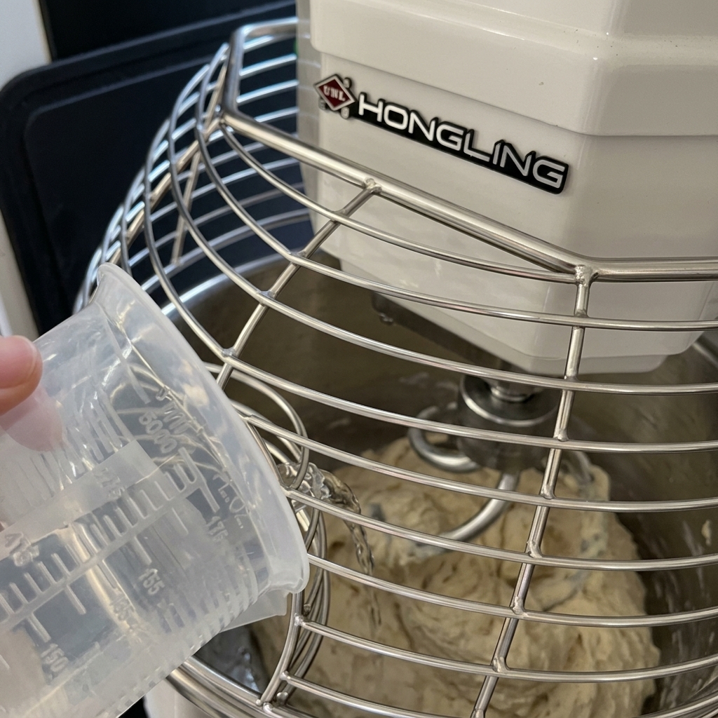 Close-up of water being poured from a measuring cup into a spiral mixer bowl containing developing pizza dough.
