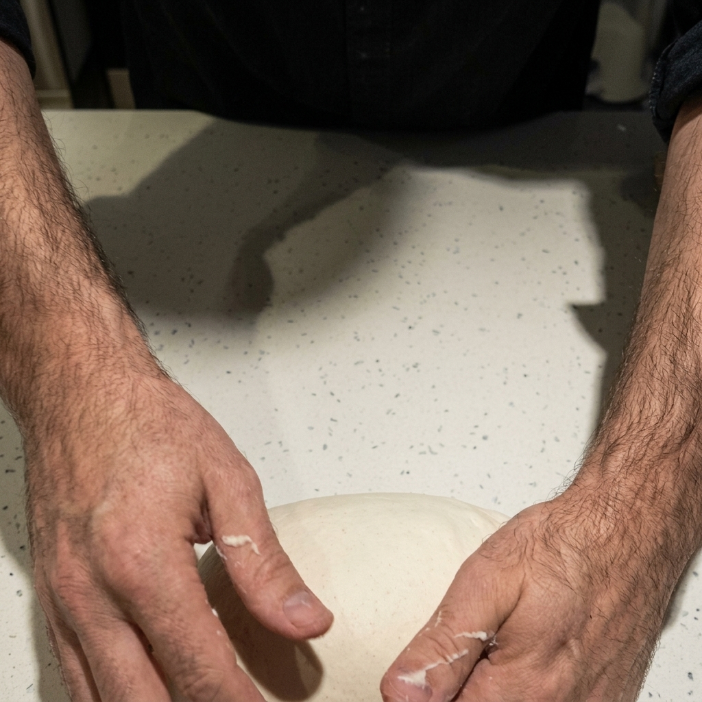 A persons hands gently smoothing a light coating of oil over a large, round mass of white pizza dough on a speckled countertop.
