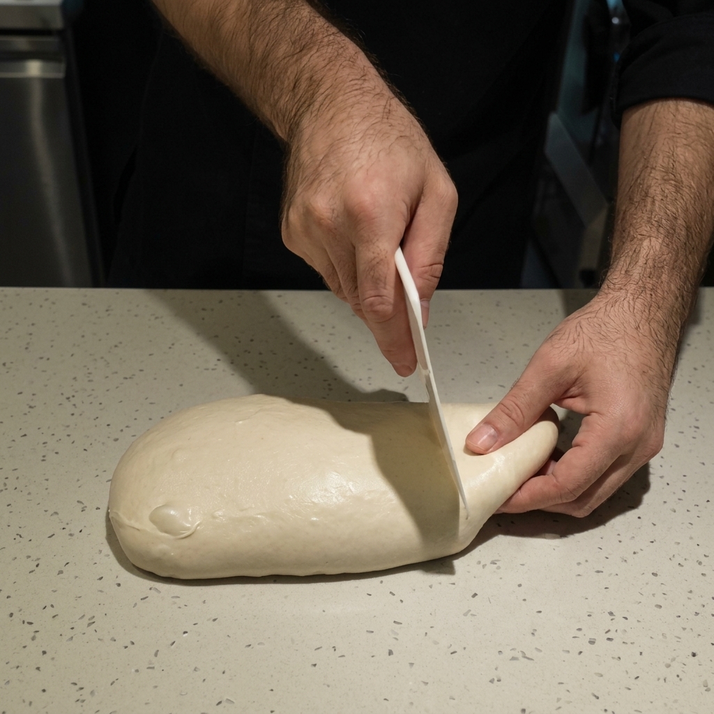A chef using a white bench scraper to slice through a long log of hydrated pizza dough on a countertop.