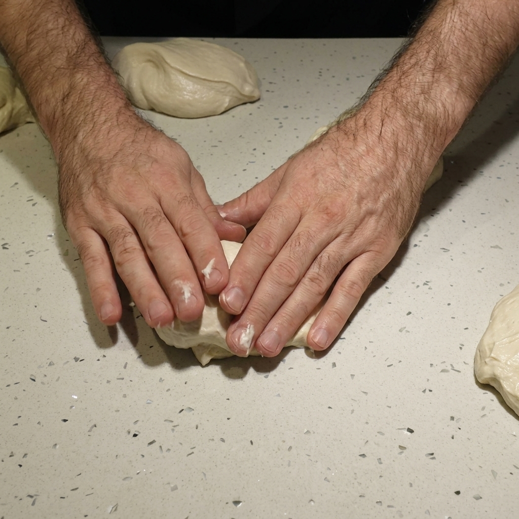 Two hands working on a speckled counter to shape small pieces of pizza dough into perfectly smooth spheres.