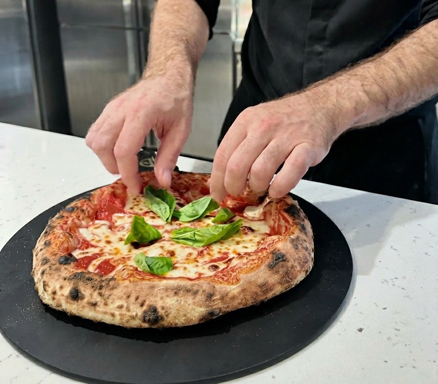 A freshly baked Neapolitan pizza with a charred crust being garnished with fresh basil leaves on a black serving board.
