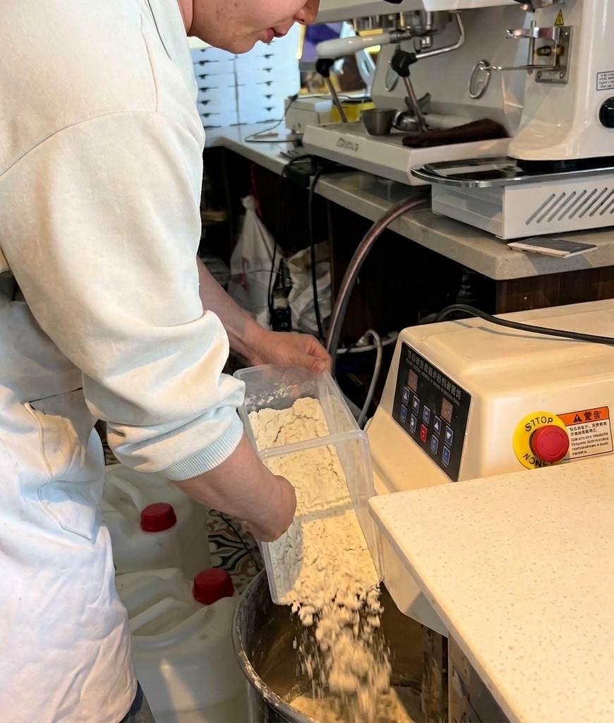 A person pouring white flour from a clear container into a large stainless steel industrial mixer bowl.