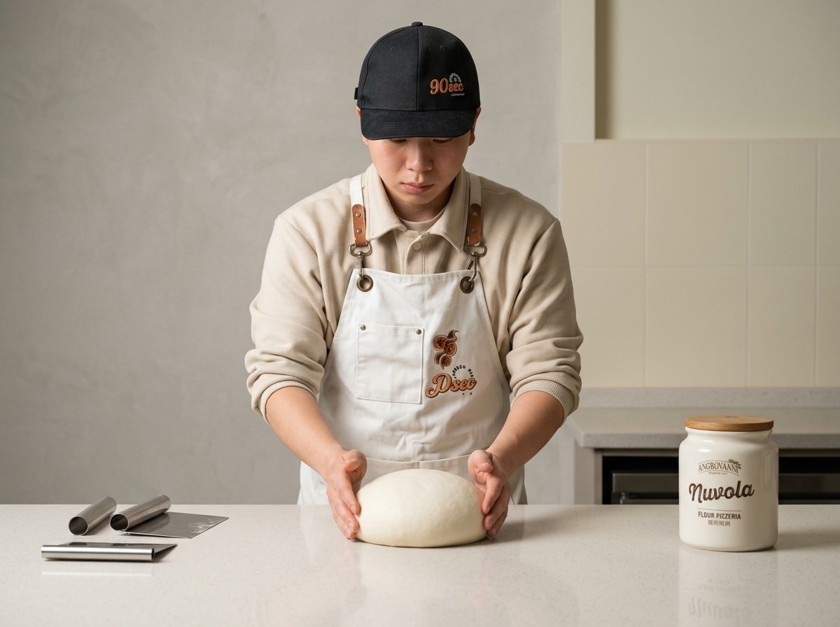 A baker in an apron and cap shaping a large, perfectly smooth round of dough on a white countertop.