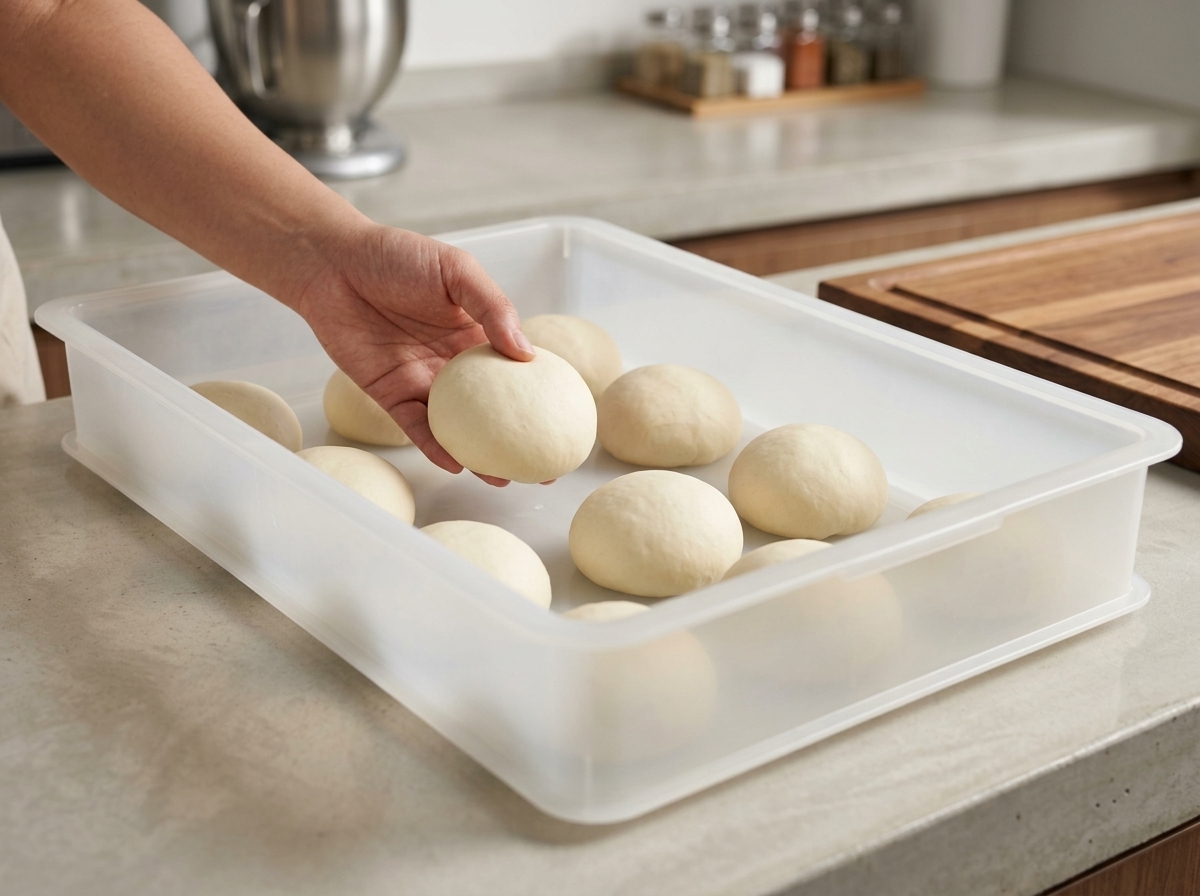 A hand placing a smooth, round pizza dough ball into a white plastic proofing box that contains several other identical dough balls.
