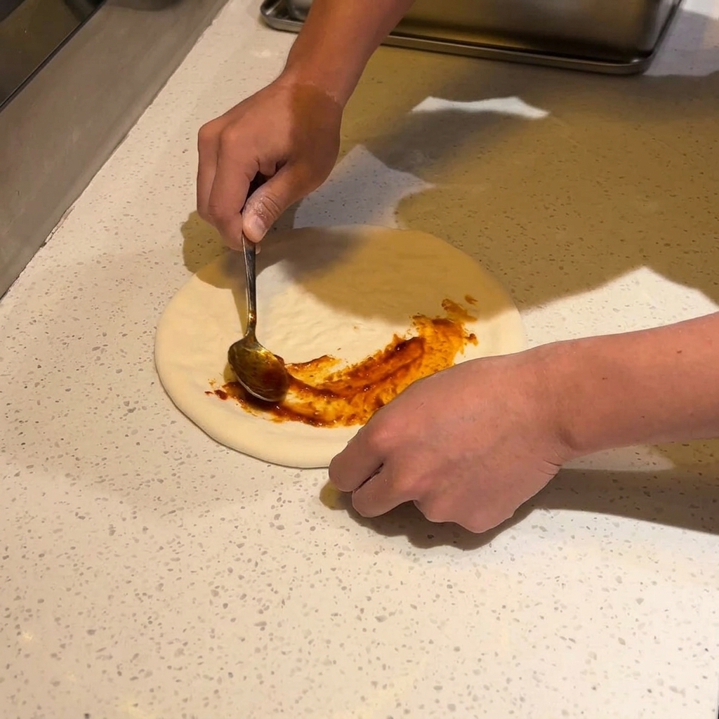 A person using a metal spoon to spread red tomato sauce in a circular motion over a flattened disc of pizza dough on a white countertop.