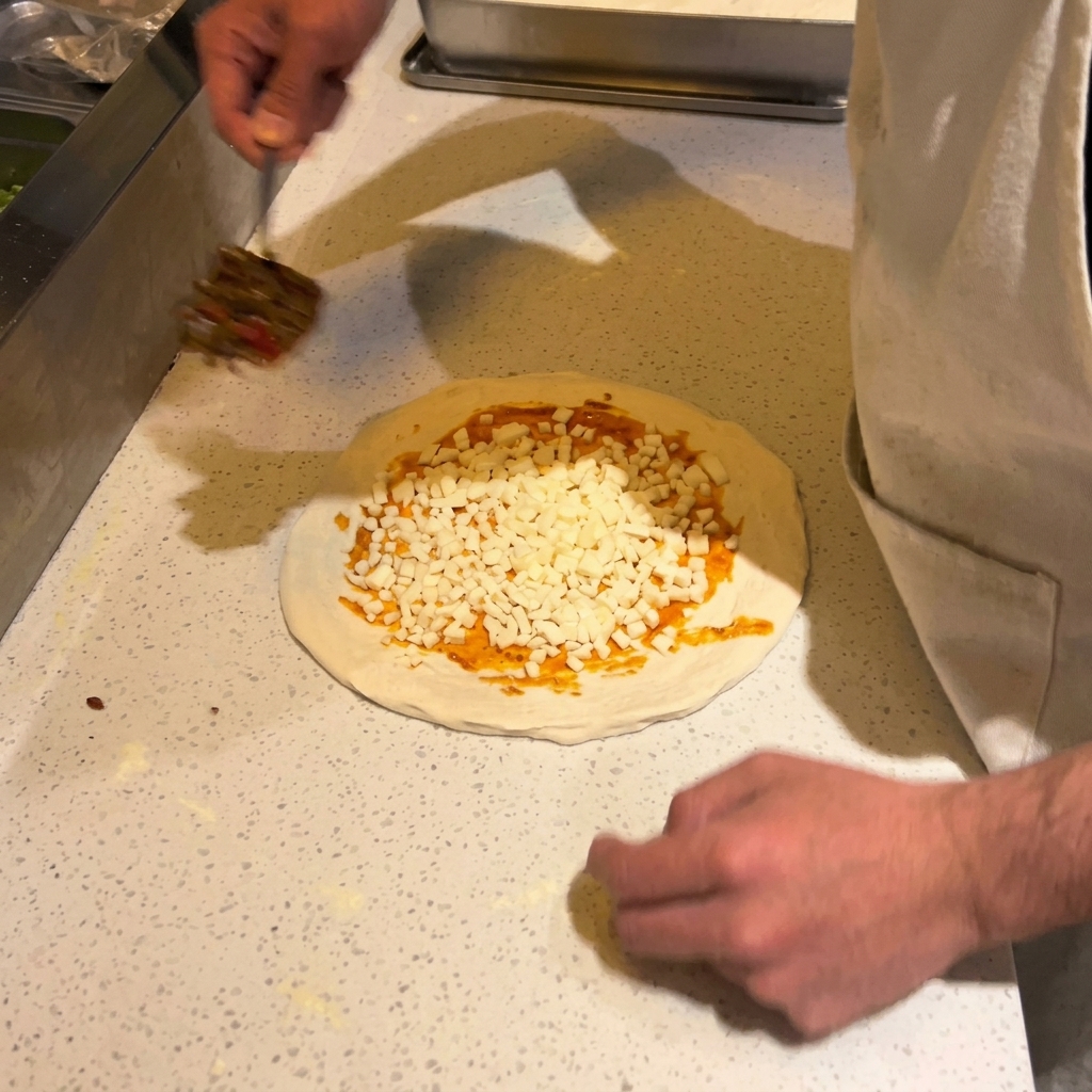 A raw pizza base spread with red sauce and diced white cheese, while a person uses a small spatula to add additional toppings.