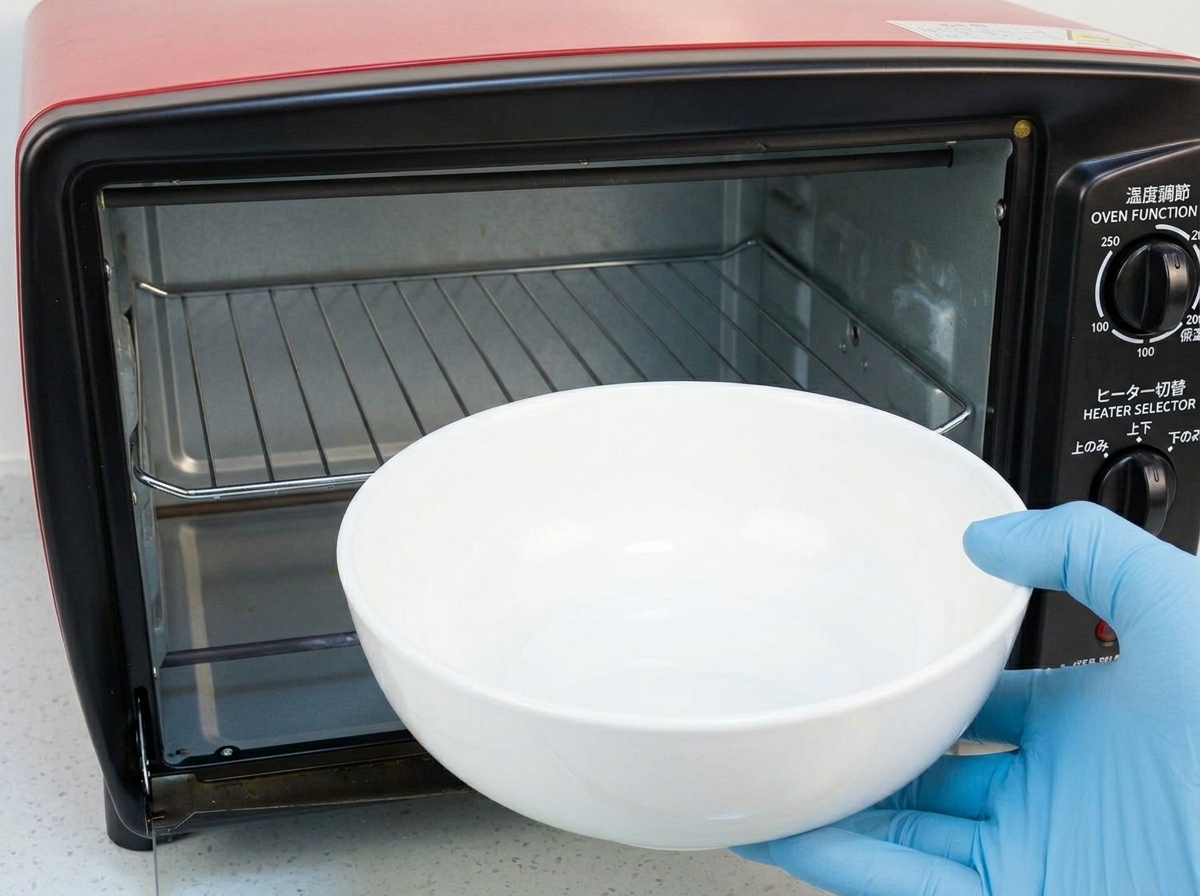 A person wearing a blue glove holding a white bowl in front of an open toaster oven to begin the proofing process.