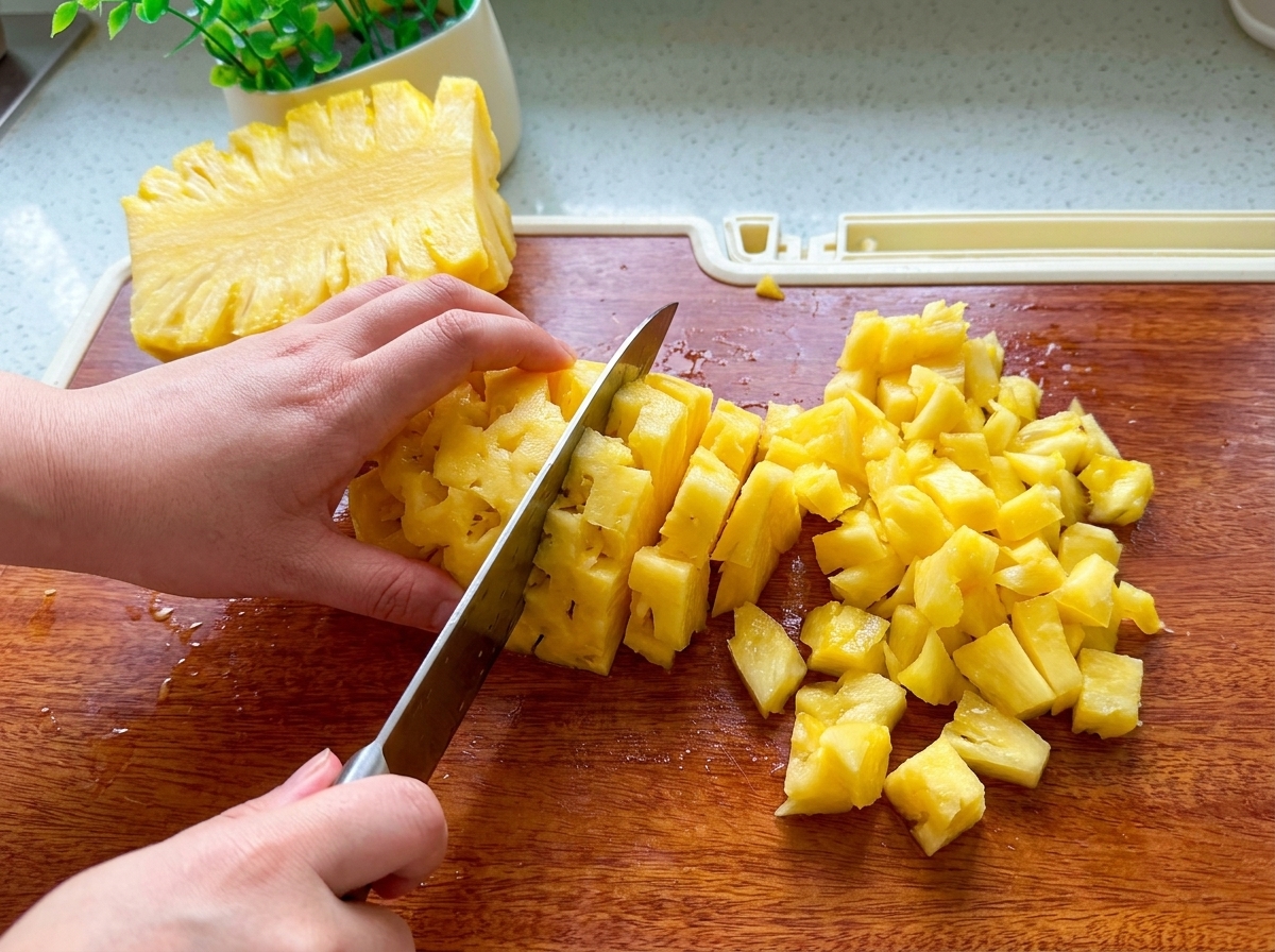 Hands using a silver knife to dice fresh yellow pineapple into small squares on a wooden cutting board.