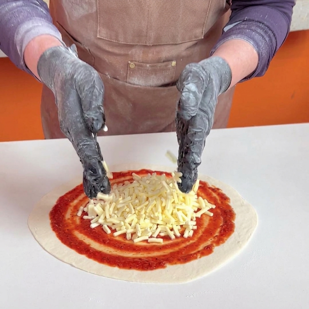 Hands in black gloves dropping shredded white cheese onto a pizza base topped with red sauce.