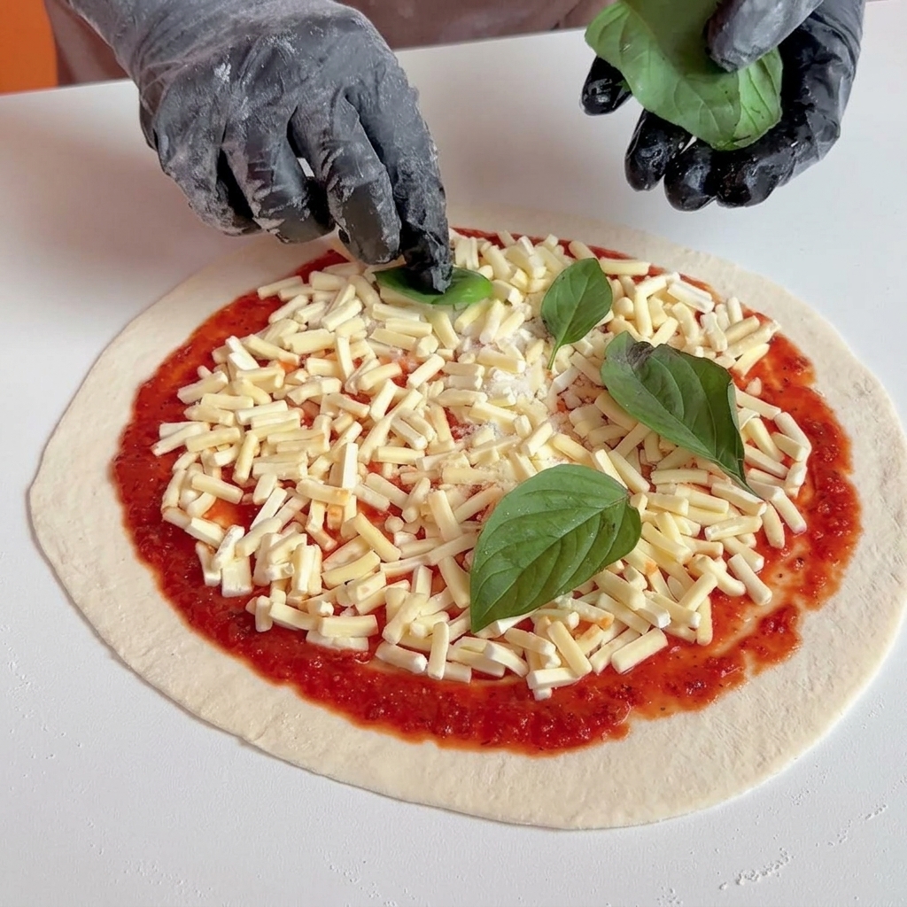 A person placing several large, fresh green basil leaves onto an unbaked pizza covered in cheese and tomato sauce.