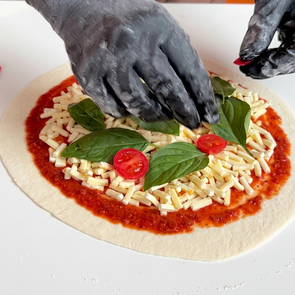 A close-up of hands in black gloves placing red cherry tomato halves onto an unbaked pizza crust topped with shredded cheese and fresh basil.