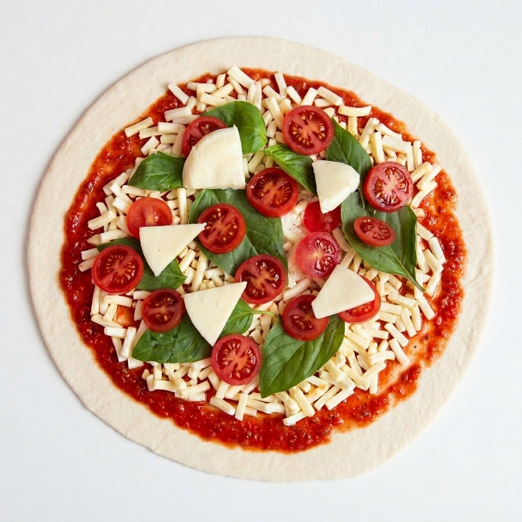 A top-down shot of a prepared raw pizza with tomato sauce, basil leaves, cherry tomatoes, and scattered chunks of fresh mozzarella.