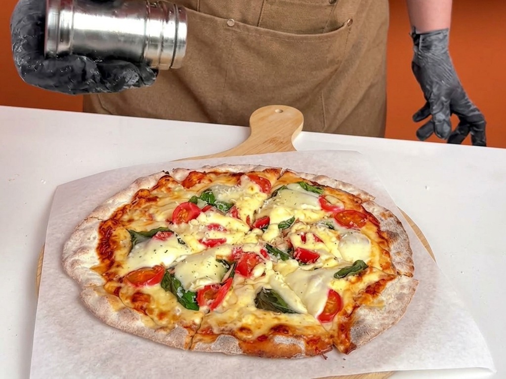 A hand in a black glove uses a metal shaker to dust dried herbs onto the crust of a freshly baked, bubbling Margherita pizza.