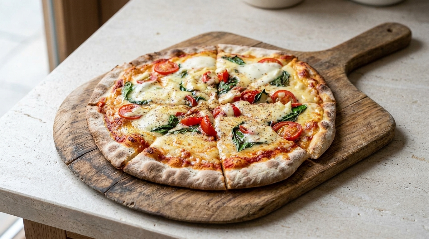 A freshly baked Margherita pizza on a wooden peel, topped with melted mozzarella and vibrant cherry tomatoes.