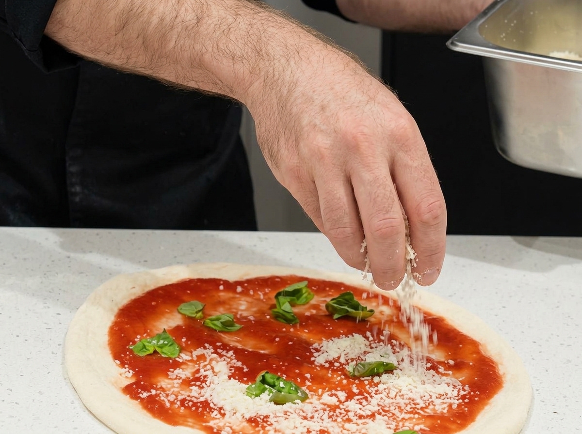 A close-up of a hand sprinkling finely grated Parmesan cheese onto a pizza base topped with tomato sauce and basil.