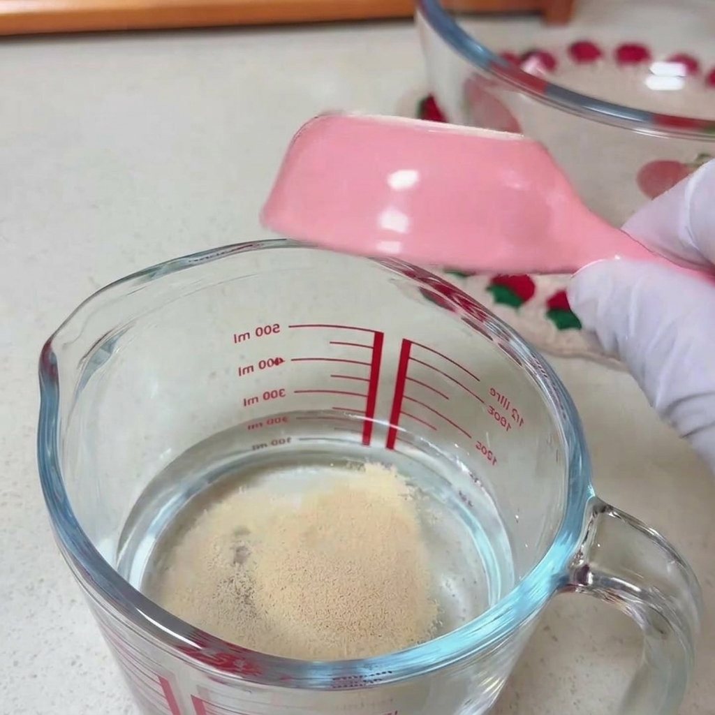 A person wearing a white glove uses a pink plastic spoon to stir dry yeast granules into a glass measuring cup of water.