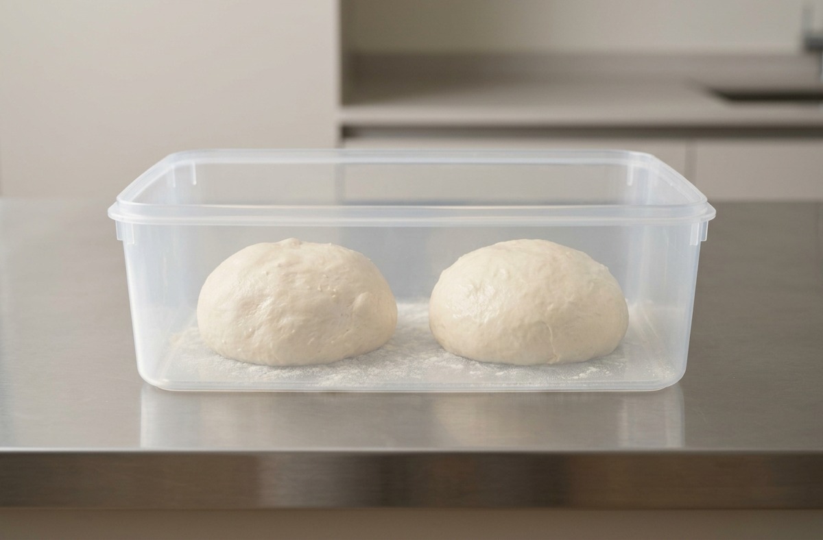 Two smooth, white dough balls rest inside a large, clear rectangular plastic fermentation container on a stainless steel countertop.