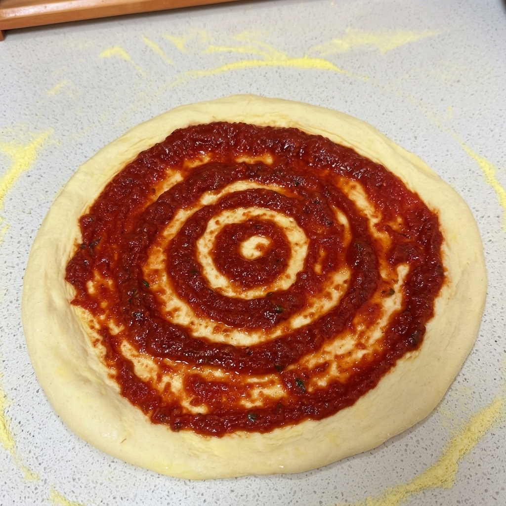 A circular pizza dough base on a counter covered in a thick layer of red tomato sauce spread in concentric circles.
