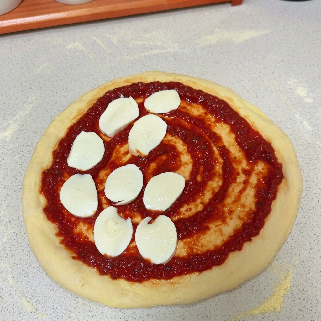 Slices of fresh white mozzarella cheese placed on top of a tomato sauce-covered pizza dough base.