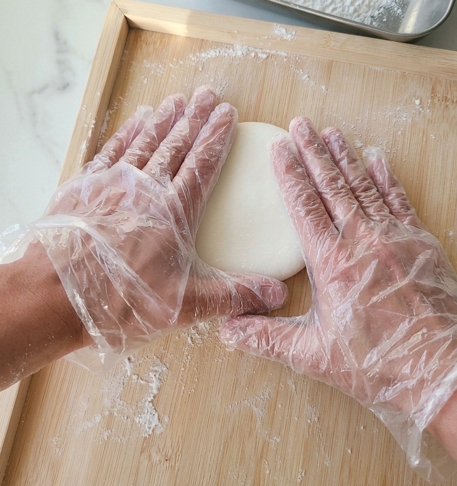 Two hands in clear plastic gloves pressing down on the center of a white pizza dough ball on a wooden board.