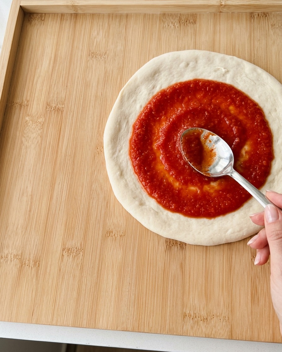 A metal spoon spreading vibrant red tomato sauce in a spiral on top of a raw pizza dough base.