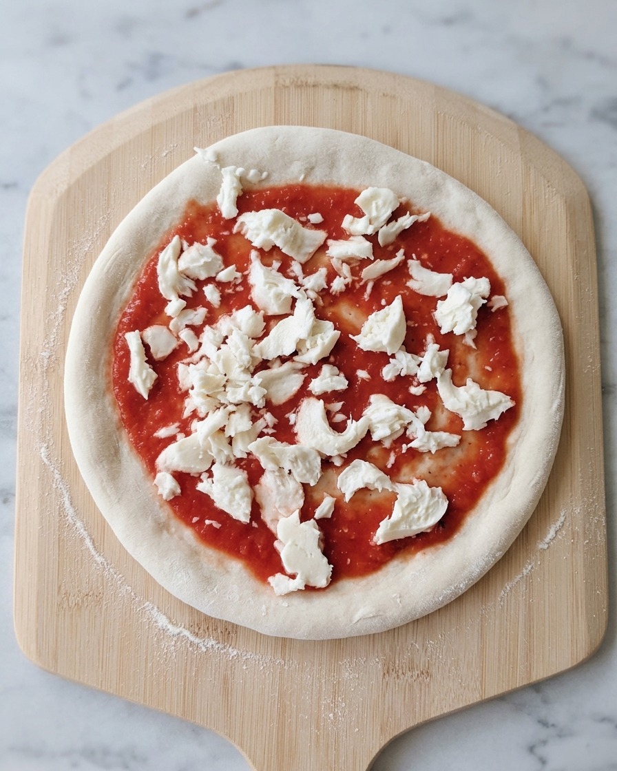 Chunks of white mozzarella cheese scattered over a red tomato sauce base on a pizza dough sitting on a wooden peel.