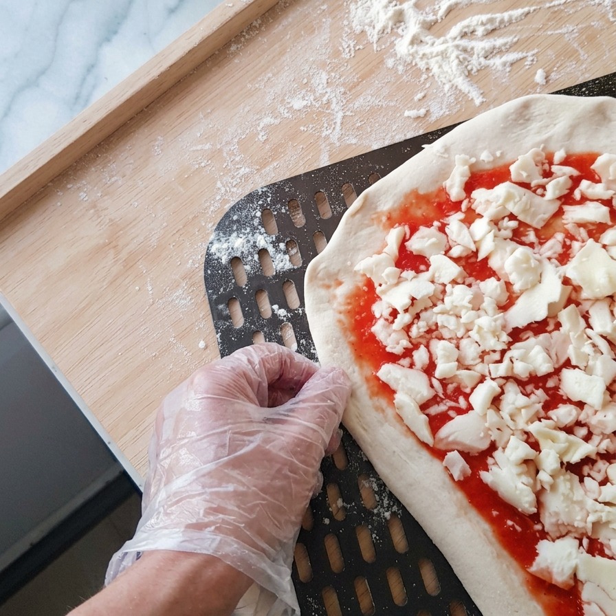 A hand in a plastic glove adjusting the edge of a raw pizza as it is being pulled onto a black perforated metal pizza peel.