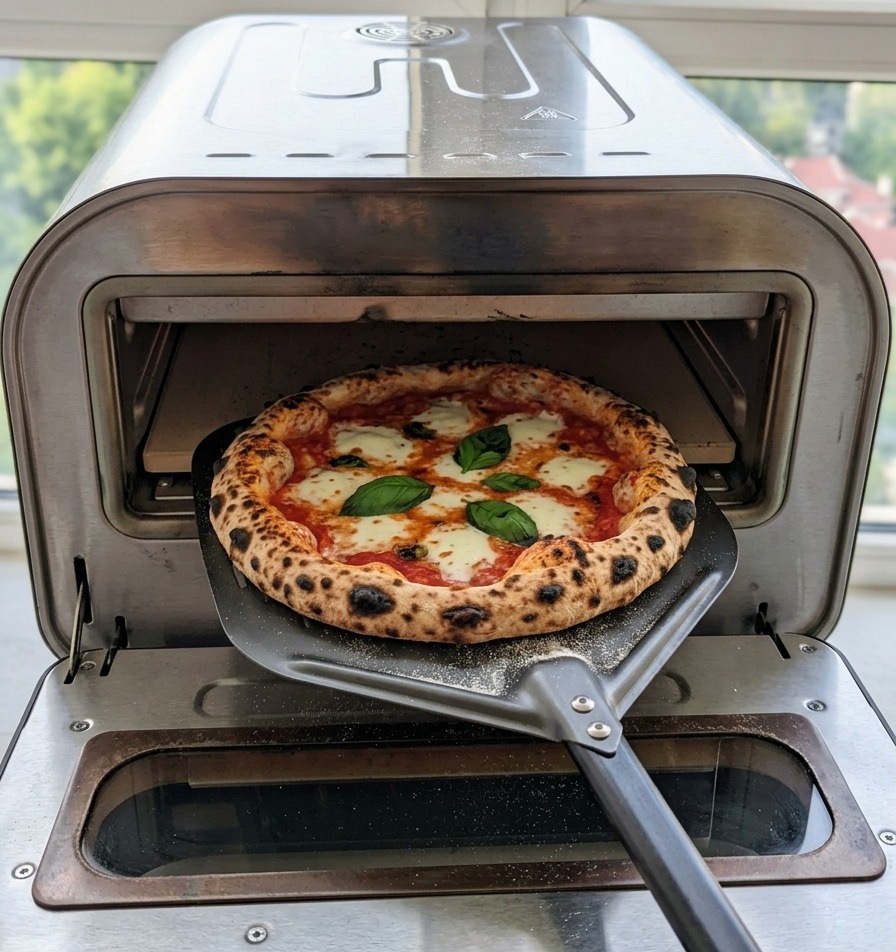 A freshly baked pizza with a charred bubbly crust and melted mozzarella being pulled out of a stainless steel portable pizza oven on a metal peel.