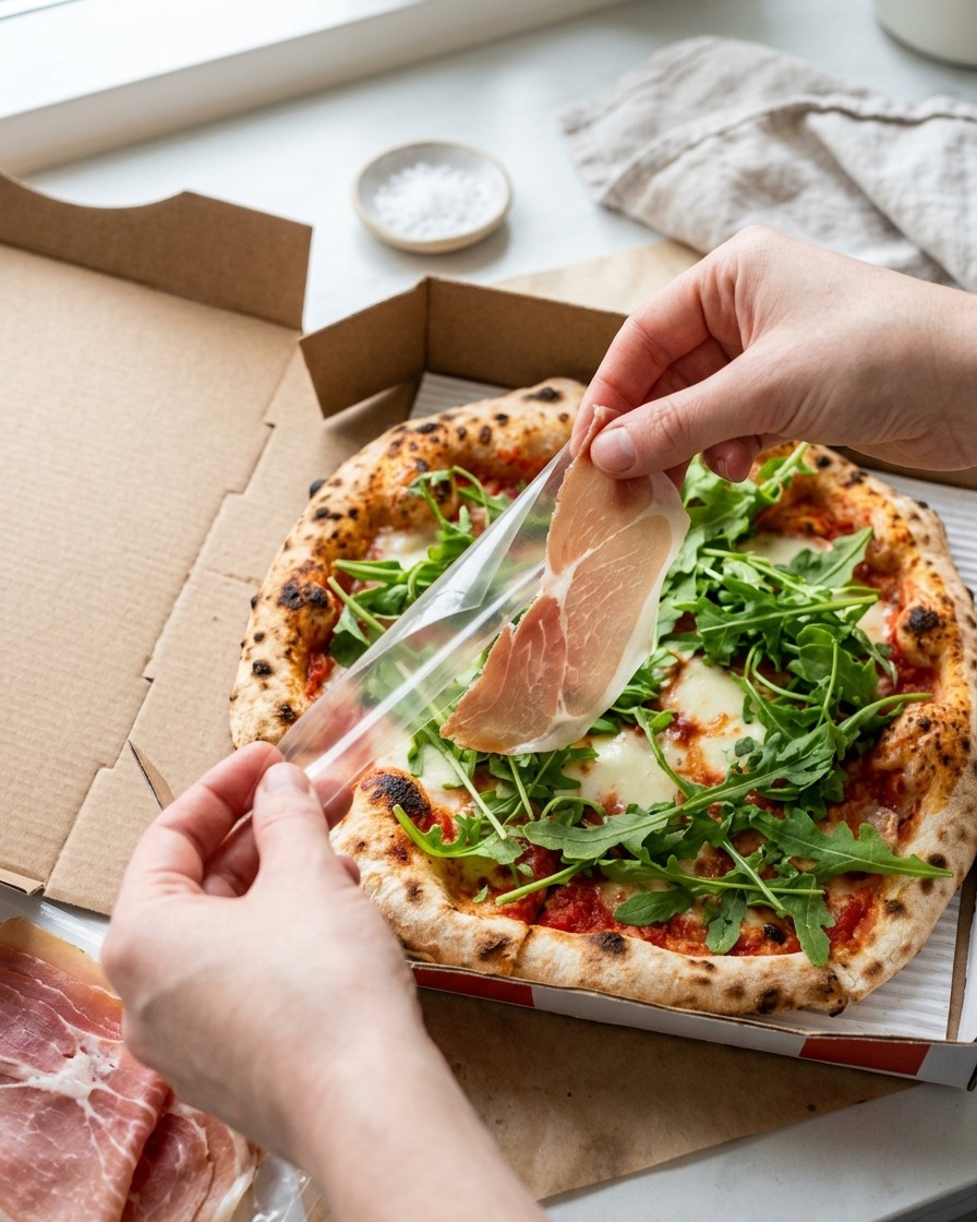 A close-up of a hand carefully layering a thin, marbled slice of prosciutto ham over fresh arugula on top of a cooked pizza.
