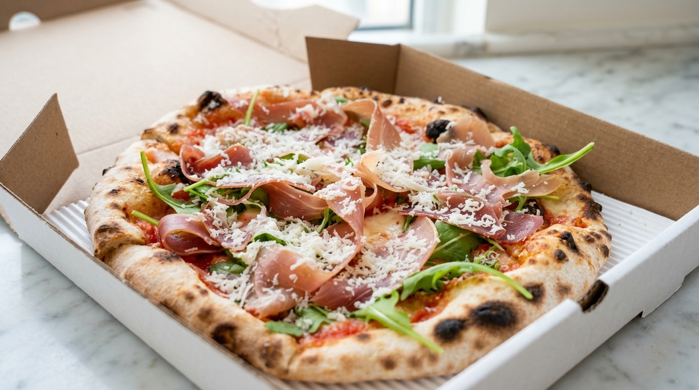 A fresh Neapolitan-style pizza topped with ribbons of prosciutto and a mound of arugula in a classic delivery box
