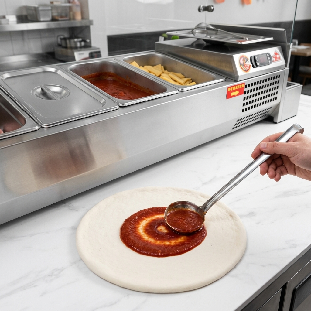A hand using a stainless steel ladle to spread red tomato sauce in a circular motion over a round pizza dough on a white marble-patterned countertop.