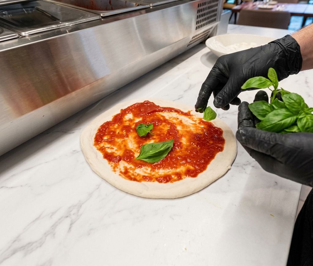 A person wearing black gloves placing fresh green basil leaves onto a pizza dough already coated in red tomato sauce.