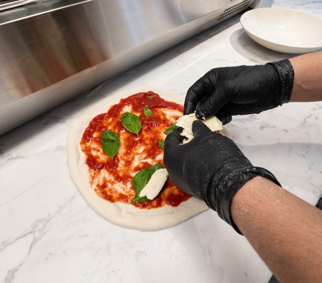 Gloved hands tearing and placing fresh white mozzarella cheese onto a pizza base topped with tomato sauce and basil leaves.