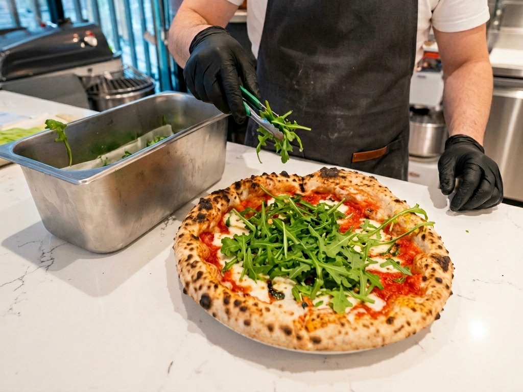 A chef using green tongs to place a heap of fresh arugula leaves onto a freshly baked pizza with a perfectly charred crust.