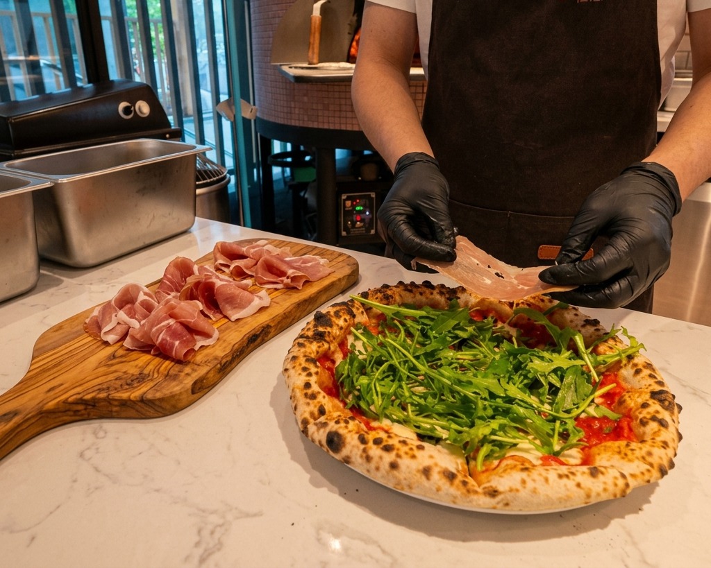 A chef layering thin slices of pink prosciutto over a fresh bed of green arugula on a hot, wood-fired pizza.