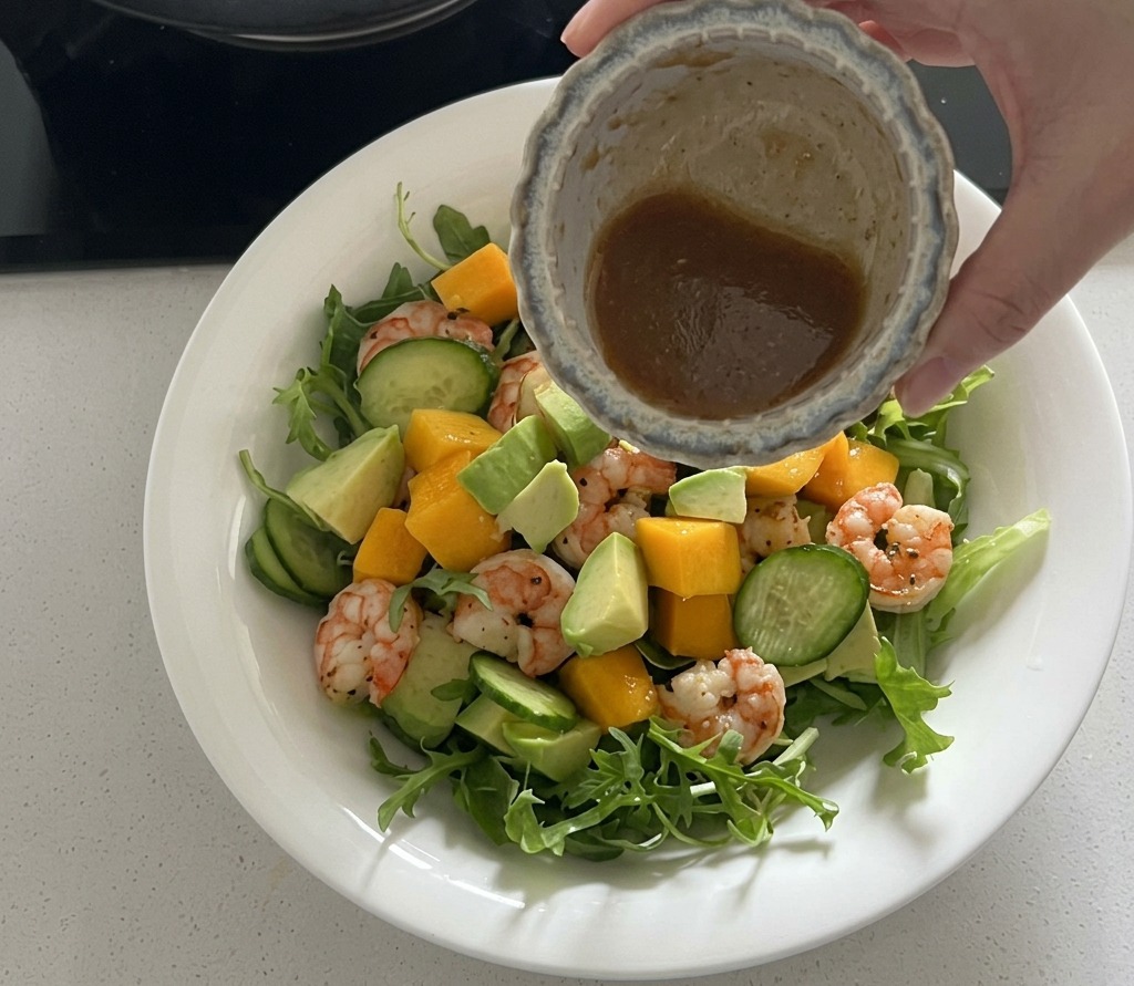 Dressing being poured from a small bowl onto a salad containing shrimp, mango, avocado, and greens.
