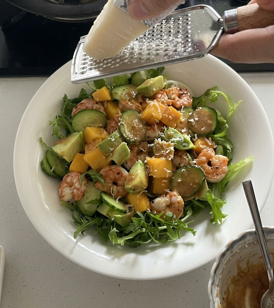 A handheld grater being used to shred fresh parmesan cheese over a colorful salad of arugula, shrimp, and fruit.