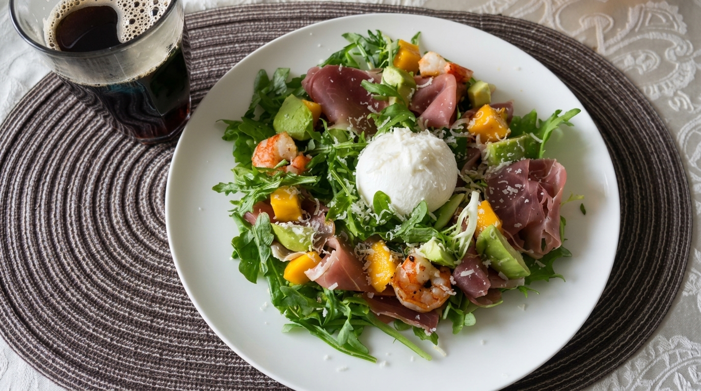 Arugula and Prosciutto Salad with Pan-Fried Shrimp and Burrata
