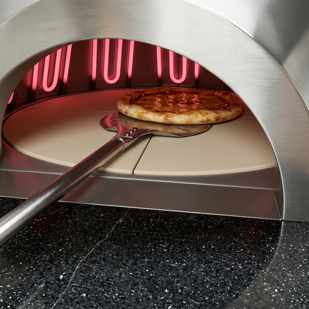A pizza topped with tomato sauce and fresh cheese being moved into a glowing red kiln oven using a long-handled metal peel.