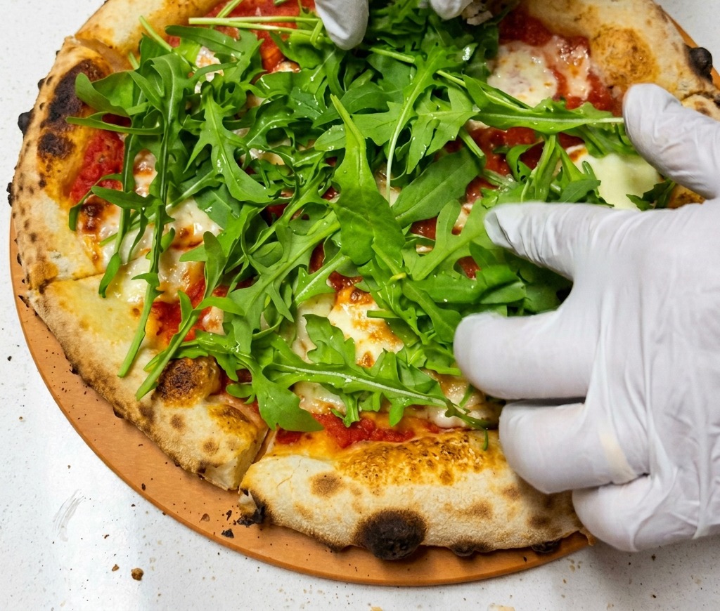 Gloved hands scattering a large amount of vibrant green arugula leaves over the top of a freshly baked pizza.