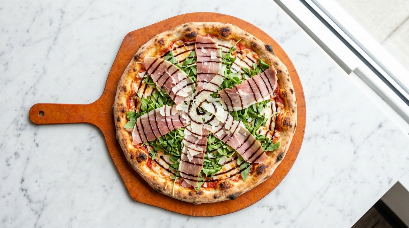 A wood-fired pizza topped with fresh arugula, paper-thin Parma ham, and a balsamic reduction drizzle
