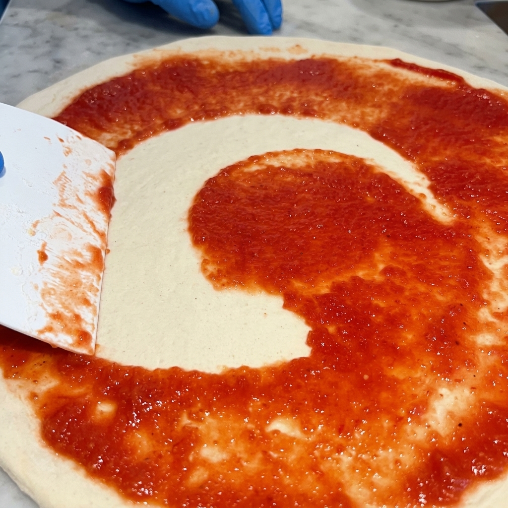 Vibrant red tomato sauce being spread in a circular motion over a raw pizza dough base using a white spatula.