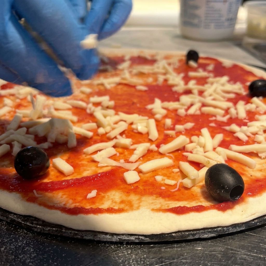 Shredded mozzarella and black olives being placed on top of a tomato-sauced pizza base.