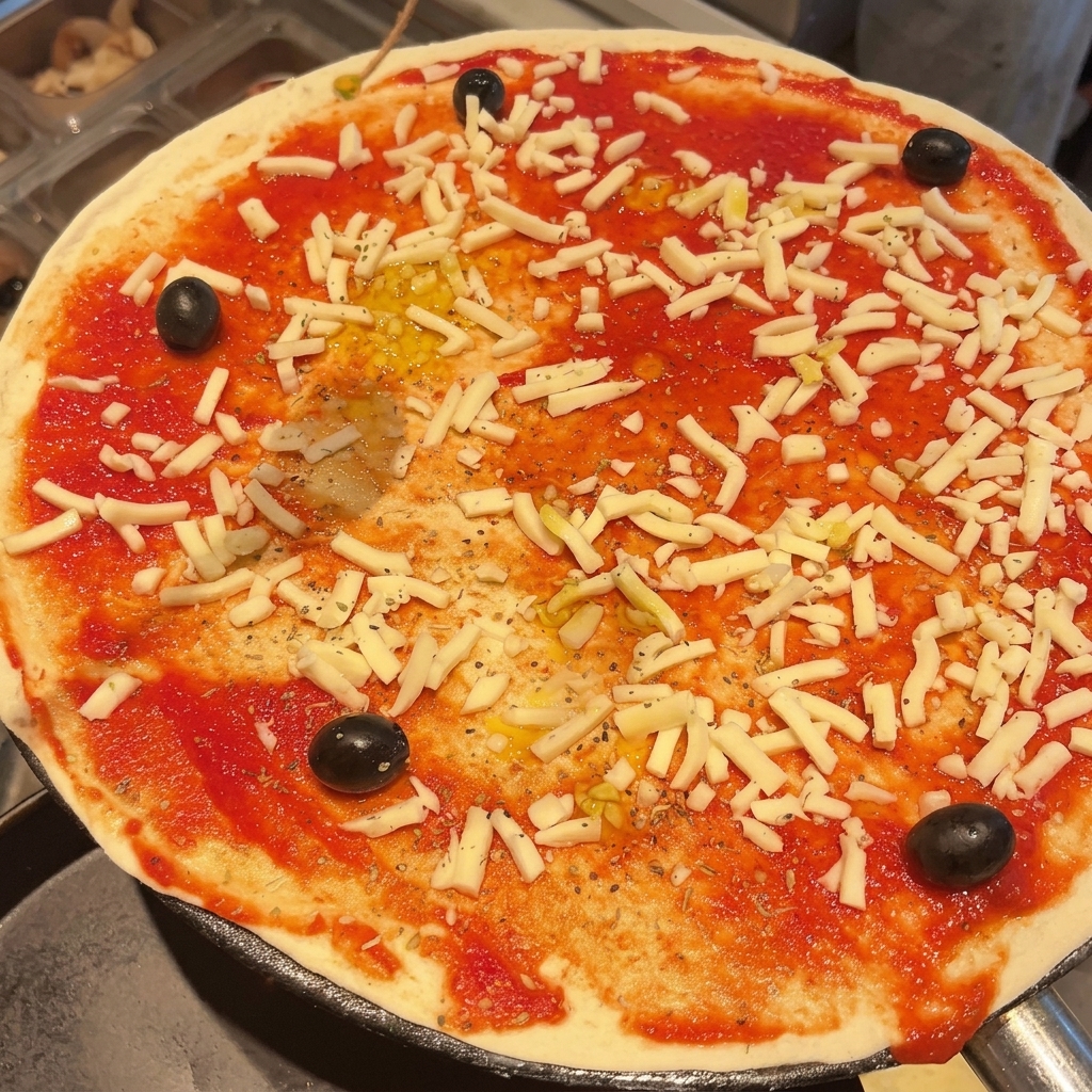 A close-up of a raw pizza with tomato sauce, cheese, and olives being drizzled with oil before baking.