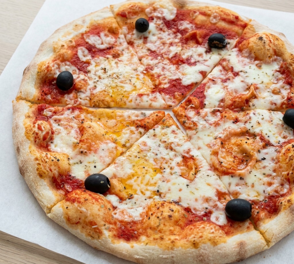 A freshly baked pizza topped with olives and melted cheese, sliced into six segments on a sheet of white parchment paper.